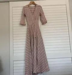 ピンク ストライプ 七分袖 ロングワンピース XS