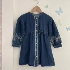 8【120】SLAP SLIPデニム刺繍 長袖ワンピース
