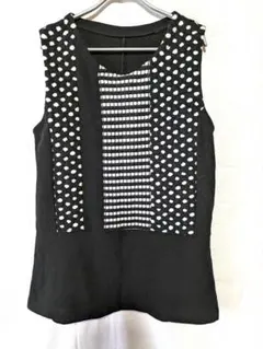 ドット　ストライプ　 フリースニット　 ストレッチ　ベストチュニック　9号 M