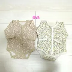 西松屋　キルト　ベージュ　花柄　前開き　長袖　ロンパース　2点セット　女の子