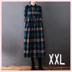 チェック柄　シャツワンピース　2XL 森ガール　チェック　緑　ゆったり