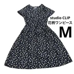 studio CLIP ネイビー 花柄 半袖 Aラインワンピース M