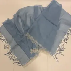 ストール　ショール　爽やか水色　レース縁取り　白い花　フリンジ付