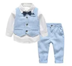 男の子 フォーマルスーツベストセット 80 水色 ブルー　ストライプ 冠婚葬祭