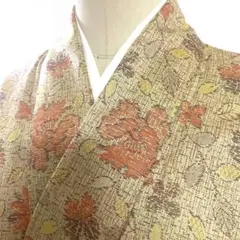 5k1679 着物　毛　単衣　紬　ベージュ　茶色　橙色　黄色　花柄　和装