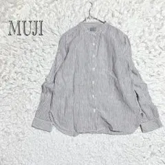 無印良品　シャツ　長袖　リネン100 ストライプ　ノーカラー　オフィスカジュアル