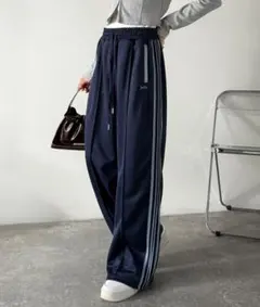 ネイビー ワイドパンツ サイドストライプ