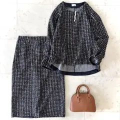 極美品 組曲 ニュアンスジャガード セットアップ 洗える 千鳥格子 コクーン 黒