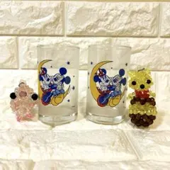ミッキー ミニー グラス2個セット　エンジェル プー ビーズキーホルダー2個
