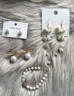 新品 パールピアス　花のモチーフピアス　パールブレスレット3点セット