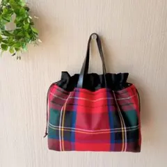 大判タータンチェック　巾着ミニトートバッグ　レッド　ハンドメイド
