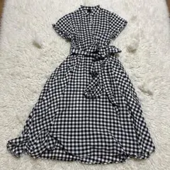 ルシェルブルー 白黒ギンガムチェック ロングシャツワンピース リネン混　半袖