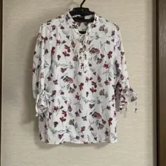 新品未使用 ZARA 花柄ブラウス 7分袖フレア リネン100％ Vネック 