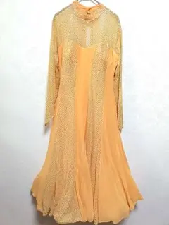 【豪華美品】社交ダンス オレンジ スパンコール 長袖 ダンスドレス M相当
