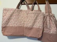 新学期間に合う！イチゴ柄トートバッグお着替え入れシューズ入れ３点セット