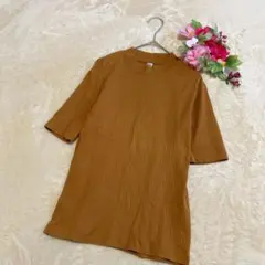 【UNIQLOユニクロ】リブハイネックTシャツ 五分袖 カットソー ブラウンＭ
