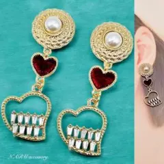 【434】パールカボション　ランダムハートチャーム　ピアス　イヤリング