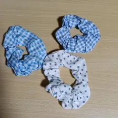 シュシュ 3個セット 水色・白ドット・チェック　ヘアーアクセサリー　ヘアーゴム