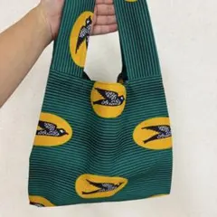 ハンドメイドエコバッグ　コンビニサイズ　アフリカ布　つばめ　グリーン