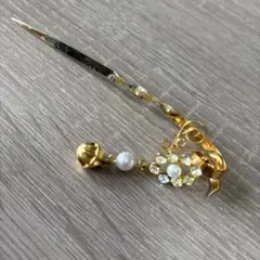 ゴールドかんざし パールとラインストーン付き