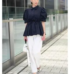 トレフルプラスワン trefle +1ラッピングブラウス ネイビー ペプラム半袖