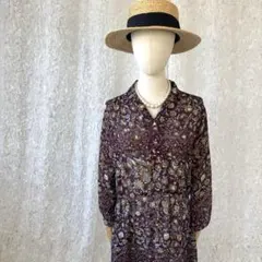 花柄　シフォン生地　シアー感　シャツワンピース 開襟　ボルドーカラー