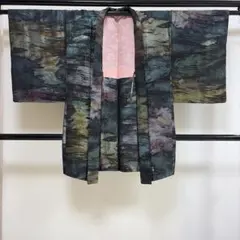 み*こ様 ■E5693■美品■正絹■黒　金銀青緑　ラメ　一つ紋　袷　長羽織■丈9