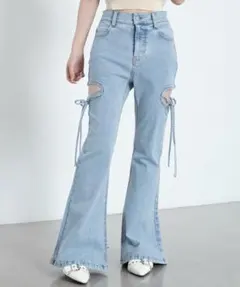 WEGO/【26年春夏新作】カットアウトリボンストレッチフレアデニムパンツのサムネイル