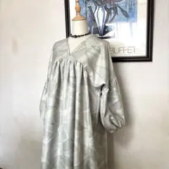 紬　Ｖネックギャザーワンピース　絹　着物リメイク　ハンドメイド