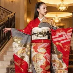 振袖　完全フルセット　24点　成人式　結婚式　前撮り　オレンジ　黒　金　絞り