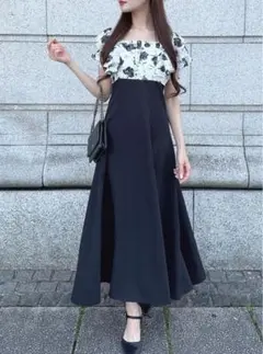 ローズ柄フリルブラウスドッキングフレアワンピース　pm587