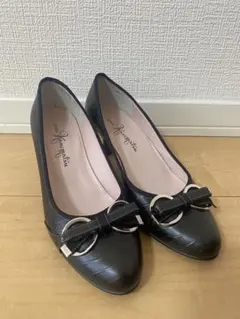 銀座かねまつ パンプス 22.5cm 黒 フラット リボン 美品