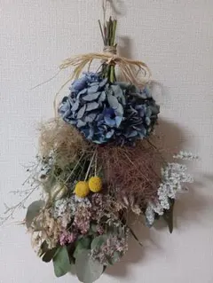 送料込み】紫陽花とひまわりの夏スワッグ 約30cm ドライフラワー