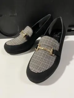 あしながおじさん パンプス ヒール 千鳥柄 ビットローファー ブラック 24cm