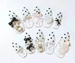 現品♡スナ系ネイルクリアドットフレンチ×黒リボンワンホン量産型ネイルチップ