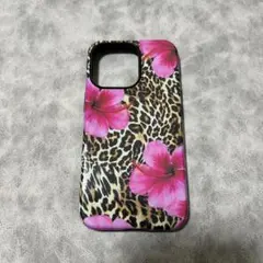 iPhone13pro ケース　ヒョウ柄 ピンクハイビスカス