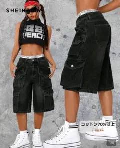 レディース マルチポケット ブラックハーフパンツ グランジ ストリート Y2K