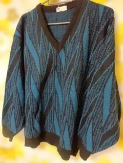 メンズ幾何学模様 古着 Vネックセーター Lサイズ【良品】