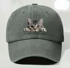 【新品未使用品】猫プリントキャップ　グレー　レディース