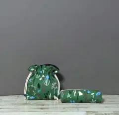 「322」　北欧クッカ花柄きのこ　　ディープ グリーン　巾着袋ペンケースセット