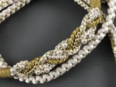 【新品】振袖用 豪華❗️正絹 帯締め 帯留めパールビーズ 飾り付き 白/金