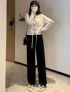 ワイドパンツ カジュアル ジャージーストレートパンツ ロングパンツ ブラック