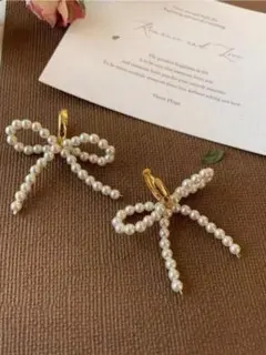 新品パールリボン型フープピアス ゴールド