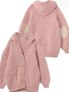 ミルクフェド フード付きニットカーディガン ウール ハートエルボー ライトピンク