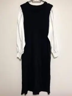 ブラックホワイトの袖切替えロングワンピース