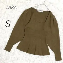 ザラ ZARA ニットペプラムトップス リブニット スクエアネック パフスリーブ