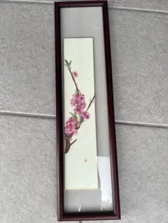 【落款あり】日本画 短冊絵 額装 花鳥図 桃 桜 短冊額 昭和レトロ 古道具のサムネイル