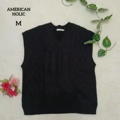 アメリカンホリック ニットベスト ケーブル編み 黒 M レイヤード 重ね着