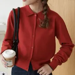 もちもち襟つきカーディガン　Discoat 赤