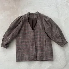 ノーカラージャケット ブラウン チェック柄